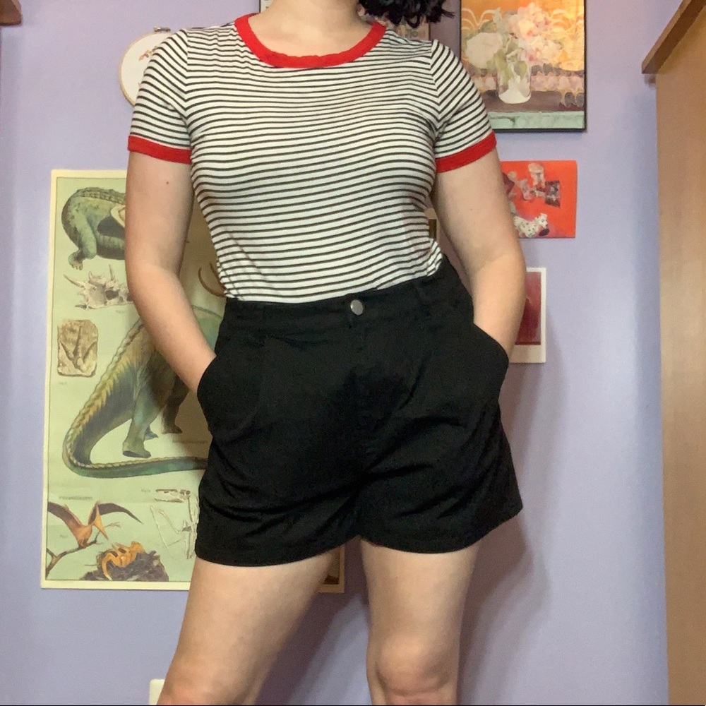 black and white striped tee with red trim